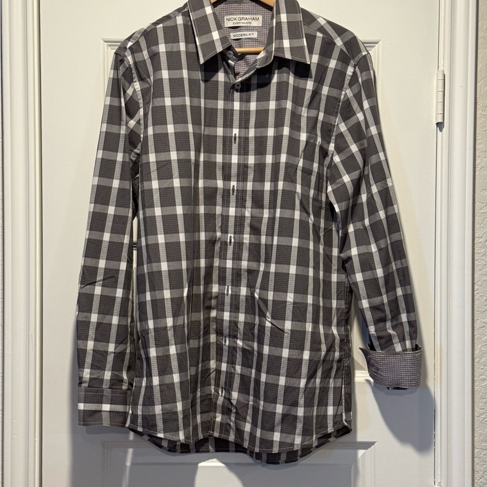 Nick Graham Men's Plaid Button-Down Shirt - Black and White